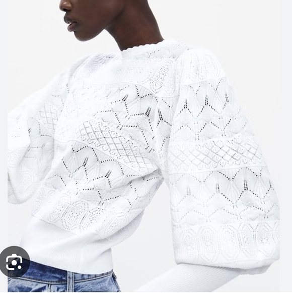 Zara White Crochet Knit Sweater With Balloon Sleeves - Picture 2 of 9